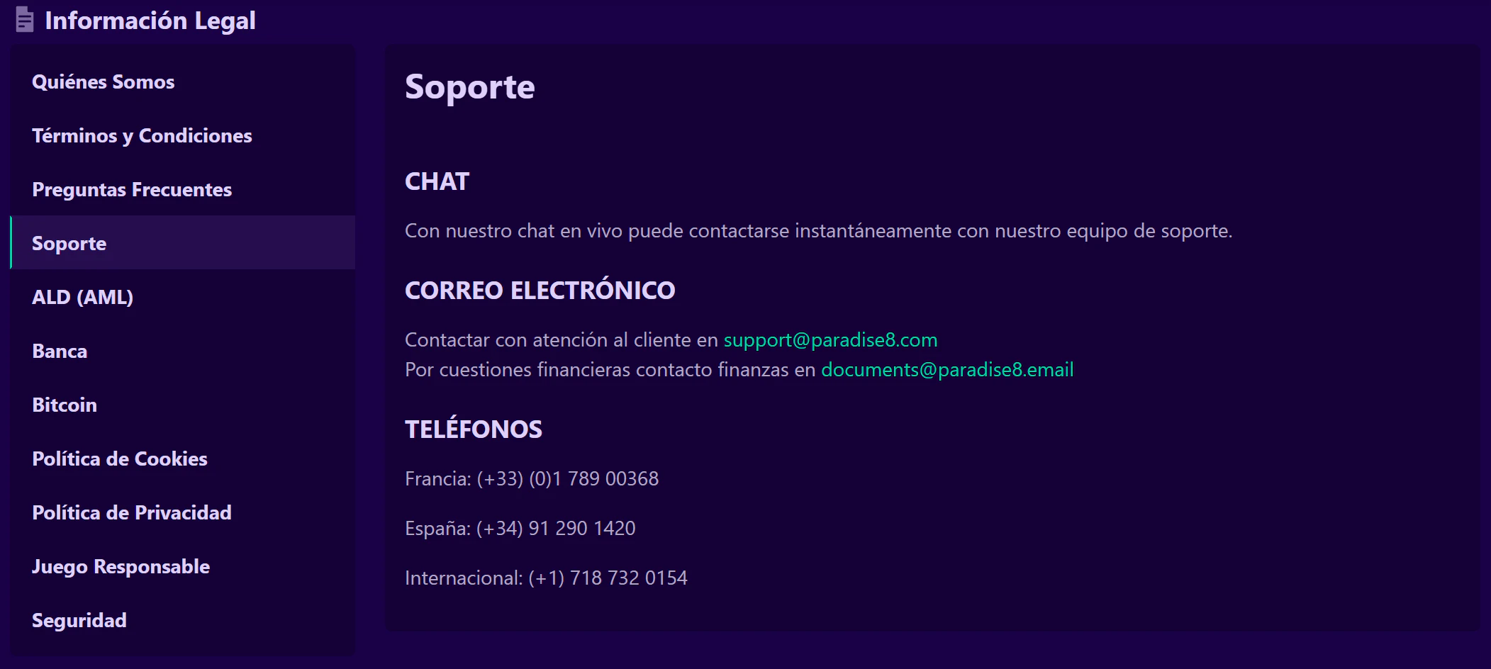 Atención al cliente de Paradise8 Casino